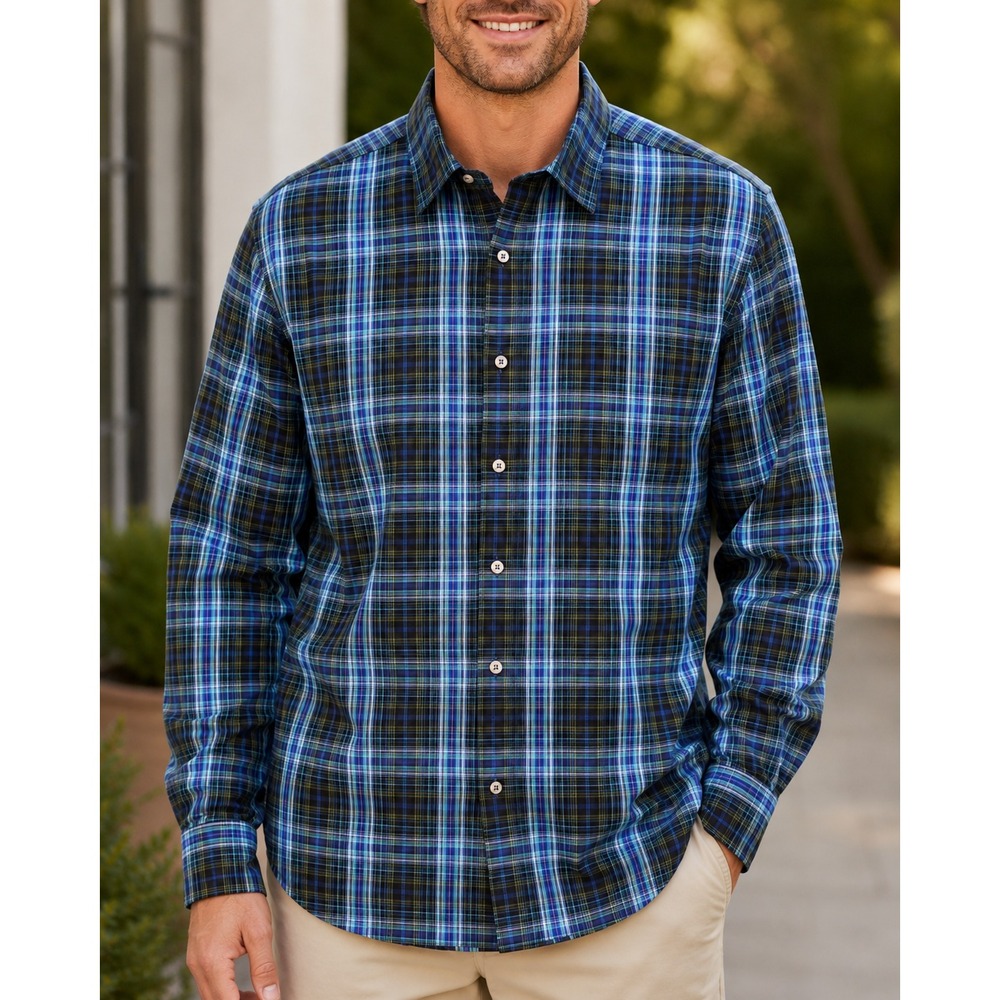 J. Garcia Button Down Shirt Men Large Blue Green Plaid Paisley Lined Cotton
